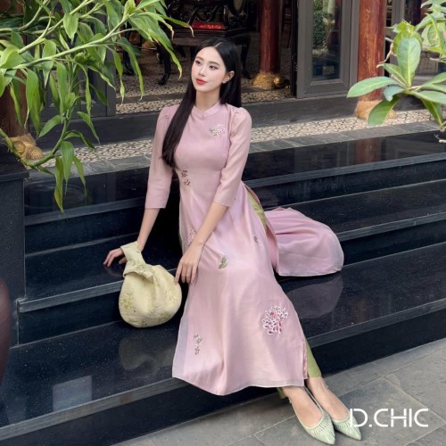 ÁO DÀI HỒNG PHẤN PHỐI HOA